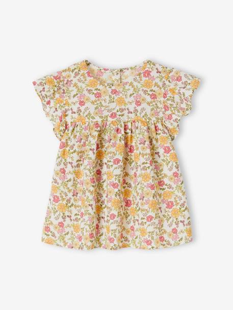 Blouse with Flower Motifs & Short Ruffled Sleeves for Girls pale pink+printed orange 