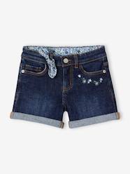 -Denim Shorts with Floral Print & Embroidered Bow, for Girls