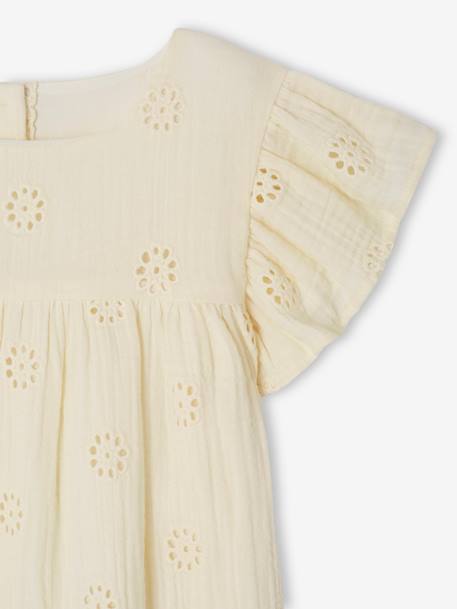 Cotton Gauze Dress with Embroidered Flowers, for Girls pale blue+pastel yellow+rosy+vanilla 