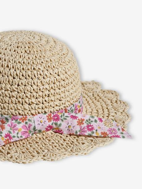 Crochet-Effect Straw-Like Hat with Printed Ribbon for Girls pale pink 