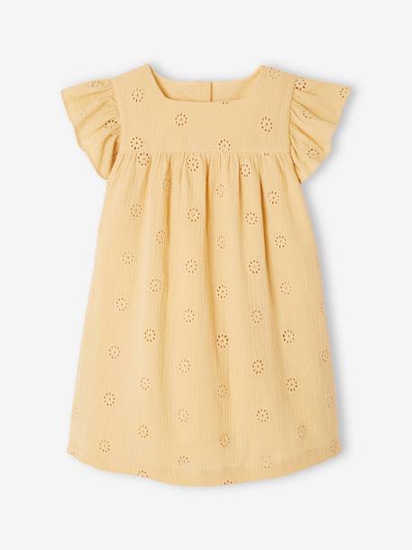 Cotton Gauze Dress with Embroidered Flowers, for Girls pale blue+pastel yellow+rosy+vanilla 