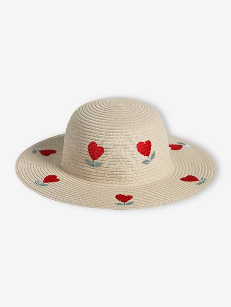 Capeline Style Hat in Straw-Effect with Hearts for Girls wood 