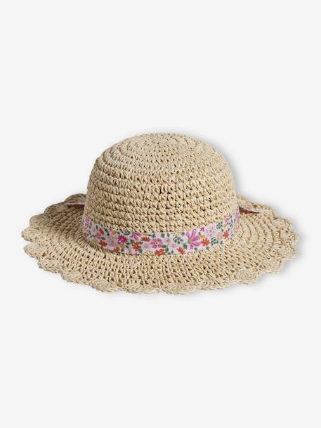 Crochet-Effect Straw-Like Hat with Printed Ribbon for Girls pale pink 