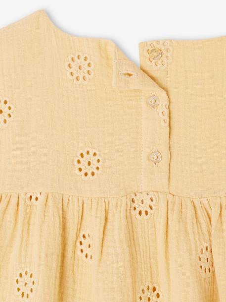 Cotton Gauze Dress with Embroidered Flowers, for Girls pale blue+pastel yellow+rosy+vanilla 