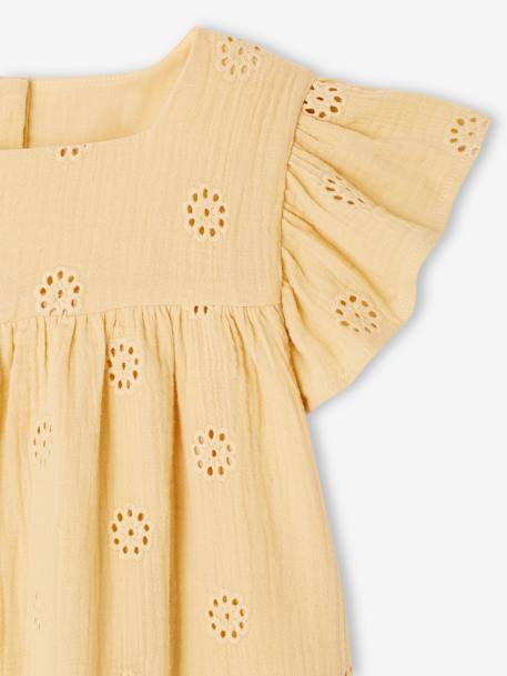 Cotton Gauze Dress with Embroidered Flowers, for Girls pale blue+pastel yellow+rosy+vanilla 