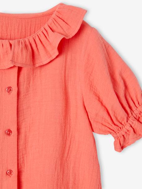 Blouse in Cotton Gauze with Frilled Collar, for Girls coral+ecru 