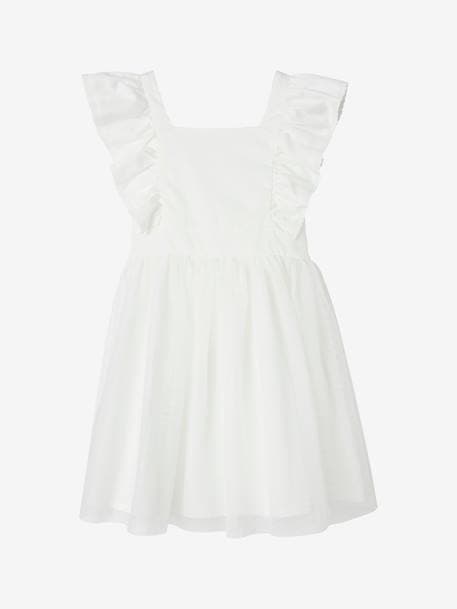 Ruffled Occasion Wear Dress in Cotton Gauze & Tulle, for Girls ecru 