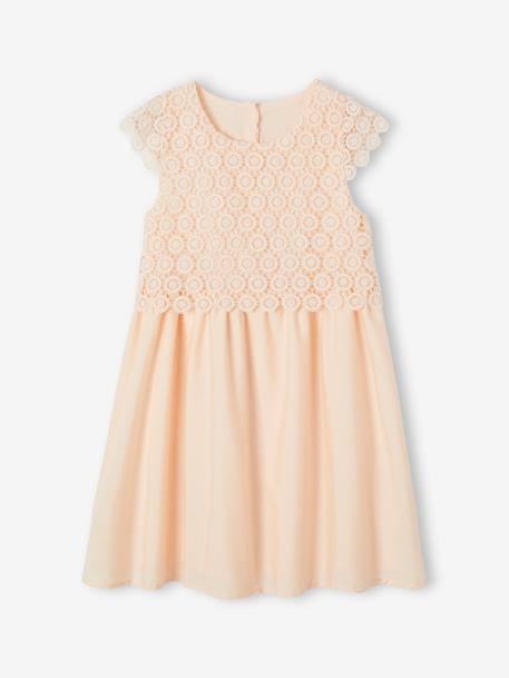 2-in-1 Special Occasion Dress, Macramé Top Layer, for Girls nude pink+WHITE LIGHT SOLID 