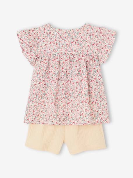 Blouse with Flowers & Cotton Gauze Shorts Combo for Girls pastel yellow+vanilla 