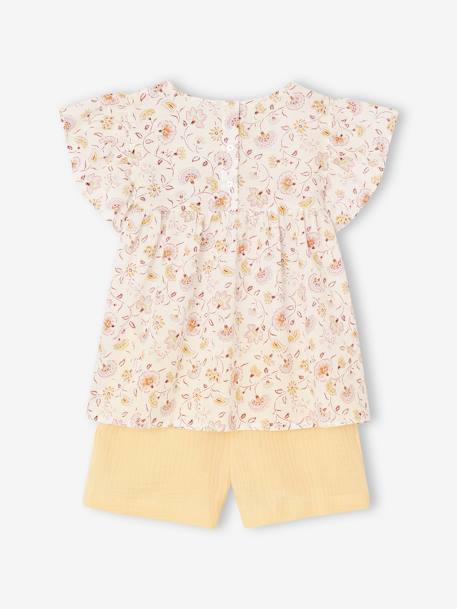 Blouse with Flowers & Cotton Gauze Shorts Combo for Girls pastel yellow+vanilla 