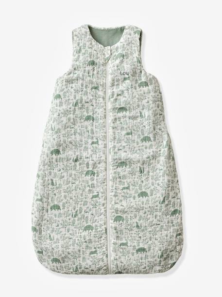 Sleeveless Baby Sleeping Bag with Middle Opening, In the Woods printed green 