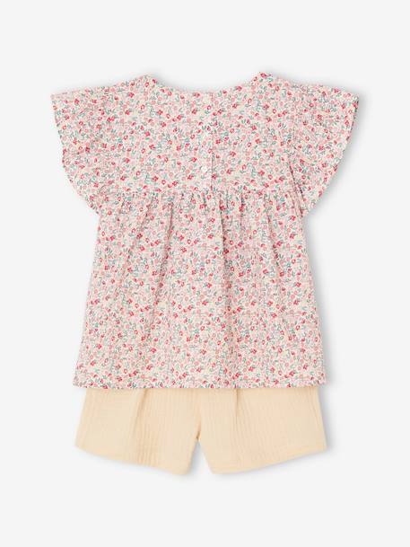 Blouse with Flowers & Cotton Gauze Shorts Combo for Girls pastel yellow+vanilla 