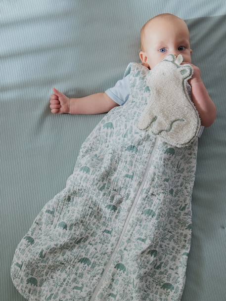 Sleeveless Baby Sleeping Bag with Middle Opening, In the Woods printed green 