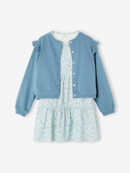 Dress & Jacket Combo for Girls denim blue+peach 