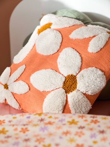 Flower Square Cushion with Pompoms tangerine 