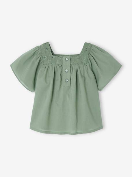 Blouse with Square Neckline, in Broderie Anglaise, for Babies ecru+raspberry pink+sage green 