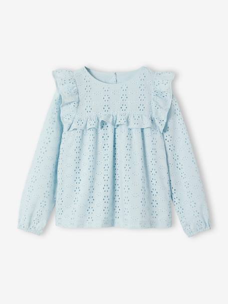 Blouse with Ruffles in Broderie Anglaise, for Girls coral+ecru+sky blue 