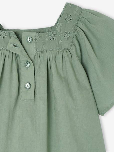 Blouse with Square Neckline, in Broderie Anglaise, for Babies ecru+raspberry pink+sage green 