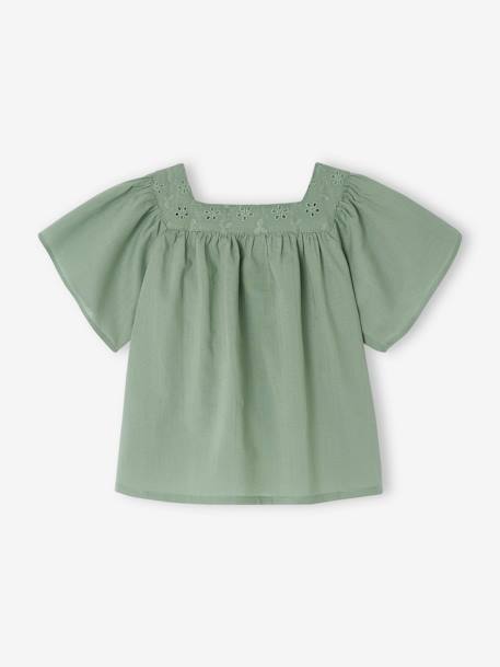 Blouse with Square Neckline, in Broderie Anglaise, for Babies ecru+raspberry pink+sage green 