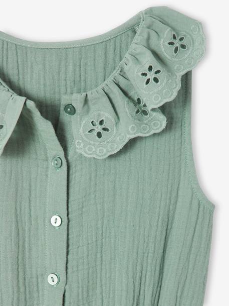 Cotton Gauze Jumpsuit for Babies, Broderie Anglaise Collar, for Girls pale pink+sage green 