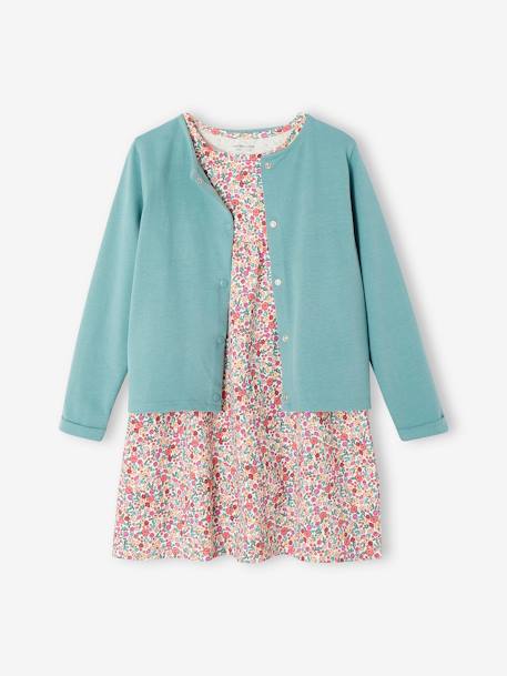 Dress + Jacket Outfit, for Girls BLUE MEDIUM SOLID+emerald green+mauve+WHITE LIGHT ALL OVER PRINTED 