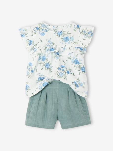 Occasion Wear Outfit: Blouse with Ruffles & Shorts in Cotton Gauze, for Girls printed blue+printed pink 