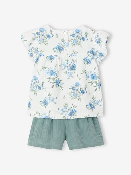 Occasion Wear Outfit: Blouse with Ruffles & Shorts in Cotton Gauze, for Girls printed blue+printed pink 