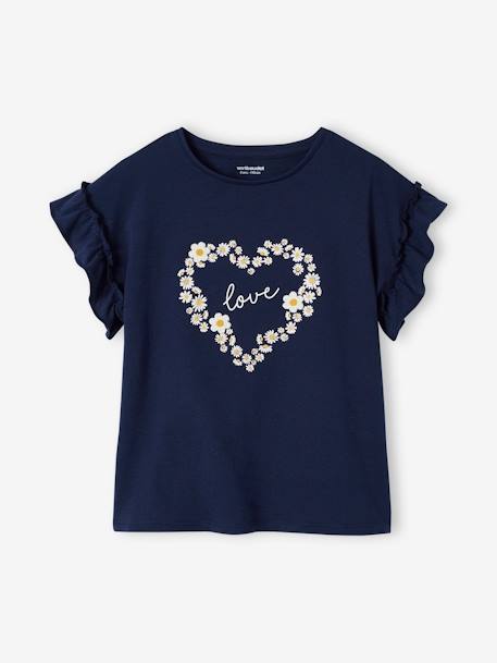 T-Shirt with Iridescent Motif & Short Ruffled Sleeves for Girls ecru+mauve+navy blue+pale yellow+peach 