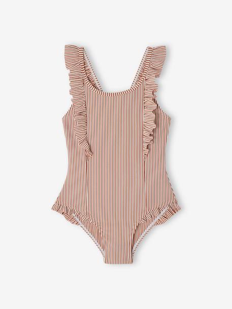 Striped Swimsuit for Girls terracotta 