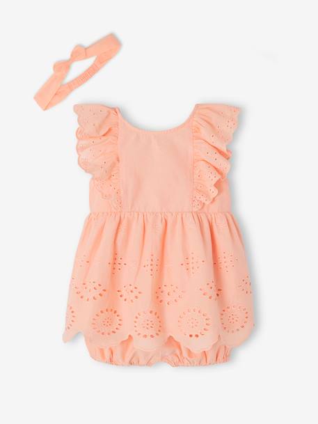 Occasion Wear Outfit for Babies: Dress, Bloomer Shorts & Hairband coral+White 