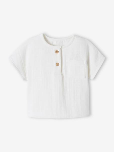 Grandad-Style T-Shirt in Cotton Gauze for Newborns ecru 