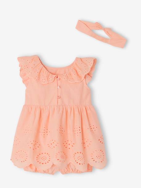 Occasion Wear Outfit for Babies: Dress, Bloomer Shorts & Hairband coral+White 