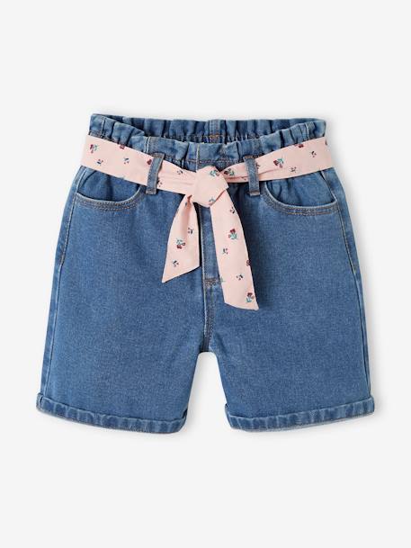 Denim Paperbag Bermuda Shorts for Girls stone 