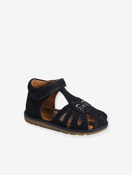 Closed Leather Sandals with Hook-&-Loop Strap for Babies cashew+gold+navy blue 