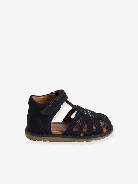 Closed Leather Sandals with Hook-&-Loop Strap for Babies cashew+gold+navy blue 