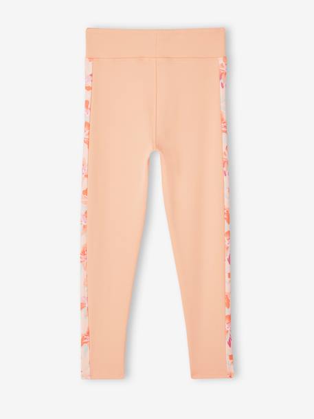 Sports Leggings in Techno Fabric with Flower Motifs on Side Stripes for Girls coral 