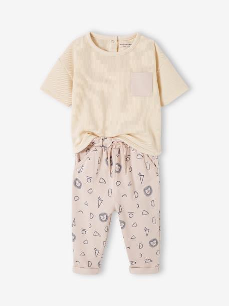 Honeycomb T-Shirt + Fleece Trousers Combo for Babies ecru 