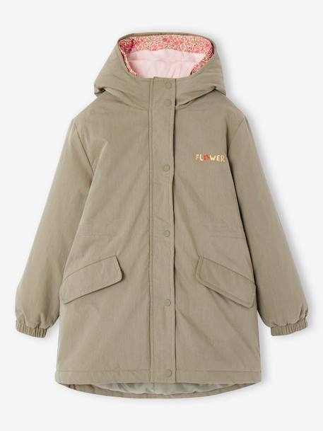 3-in-1 Hooded Parks & Floral Removable Windcheater for Girls khaki+rose 