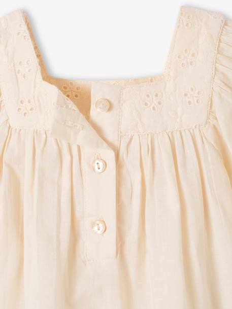 Blouse with Square Neckline, in Broderie Anglaise, for Babies ecru+raspberry pink+sage green 