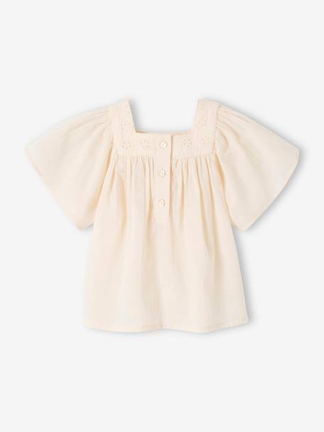 Blouse with Square Neckline, in Broderie Anglaise, for Babies ecru+raspberry pink+sage green 