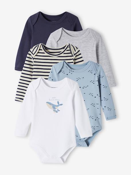 Pack of 5 Long Sleeve Bodysuits in Organic Cotton with Cutaway Shoulders for Babies night blue 