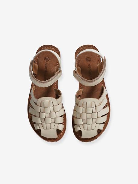 Leather Sandals with Hook-&-Loop Straps for Children ecru 