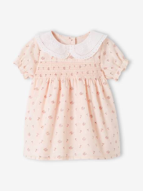 Smocked Dress with Broderie Anglaise Collar for Newborn Babies pale pink 