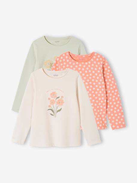 Pack of 3 Long Sleeve Tops for Girls almond green+anthracite+grey blue+navy blue+old rose+WHITE DARK TWO COLOR/MULTICOL 