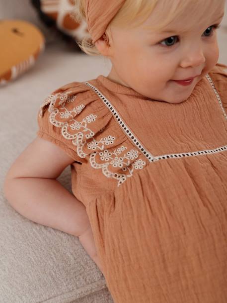 Embroidered Combo: Blouse + Shorts + Headband in Cotton Gauze, for Babies caramel 