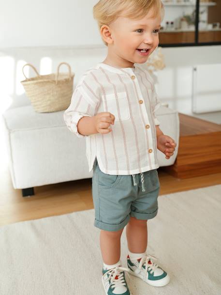 Striped Shirt with Mandarin Collar, in Cotton Gauze, for Babies ecru 