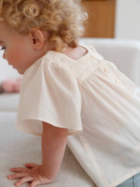 Blouse with Square Neckline, in Broderie Anglaise, for Babies ecru+raspberry pink+sage green 