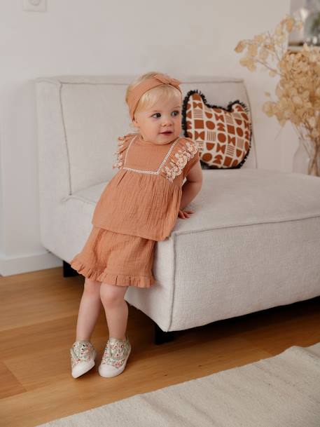 Embroidered Combo: Blouse + Shorts + Headband in Cotton Gauze, for Babies caramel 