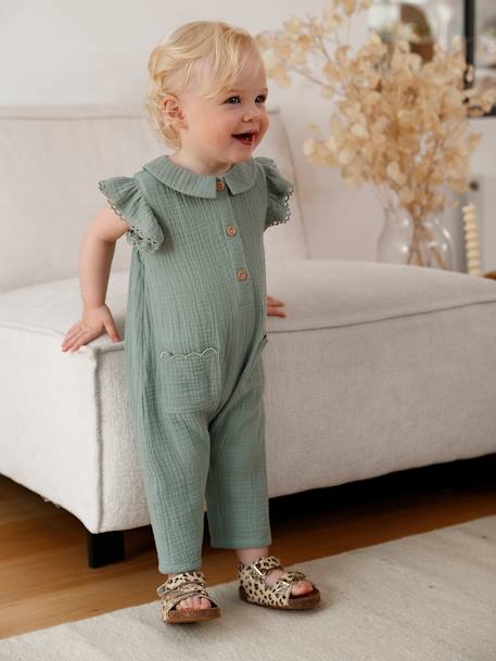 Cotton Gauze Jumpsuit for Babies sage green+terracotta 