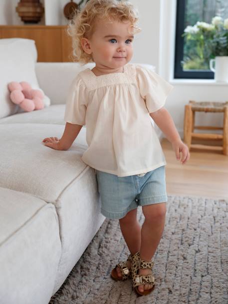 Blouse with Square Neckline, in Broderie Anglaise, for Babies ecru+raspberry pink+sage green 